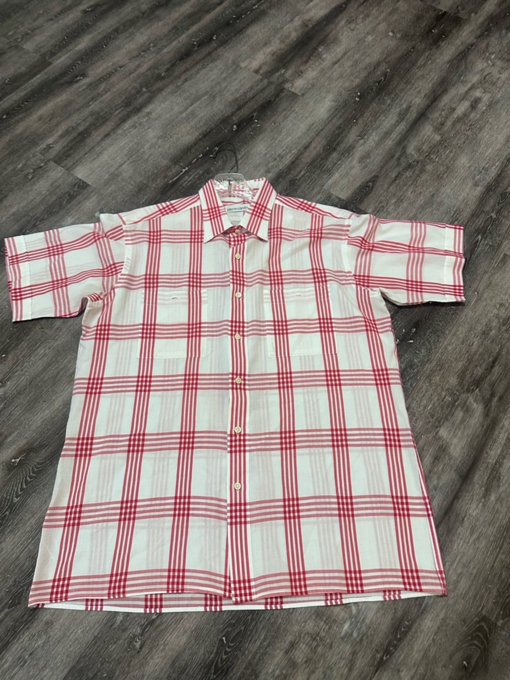 Pierre Cardin White and Red Plaid Short-Sleeve Button-Down Shirt